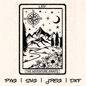Adventure Awaits Svg | Hiking Svg | Explore Svg | Adventure Svg | Outdoors Svg | Mountain Svg | Travel Svg | Wanderlust Tarot Card Svg Png