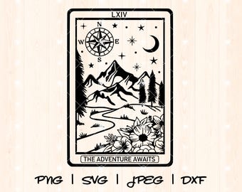 Adventure Awaits Svg | Hiking Svg | Explore Svg | Adventure Svg | Outdoors Svg | Mountain Svg | Travel Svg | Wanderlust Tarot Card Svg Png