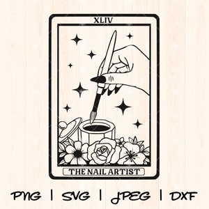 Könnte beinhalten: Schwarz-weiß-Illustration einer Tarotkarte mit dem Titel "The Nail Artist" und der römischen Zahl XLIV. Die Karte zeigt eine Hand, die einen Pinsel über ein kleines Glas Farbe mit Deckel hält. Um die Hand und das Glas befinden sich fünf Sterne.