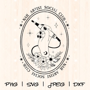 May include: Black and white illustration of a hand holding a nail drill with stars and flowers around it. The text "Nail Artist Social Club" is written in a circle around the image.