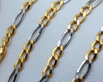 18k Gold Figaro chain in white and yellow gold. REAL GOLD. Worldwide free shipping. 750 Certified & stamped. Best birthday/anniversary gift