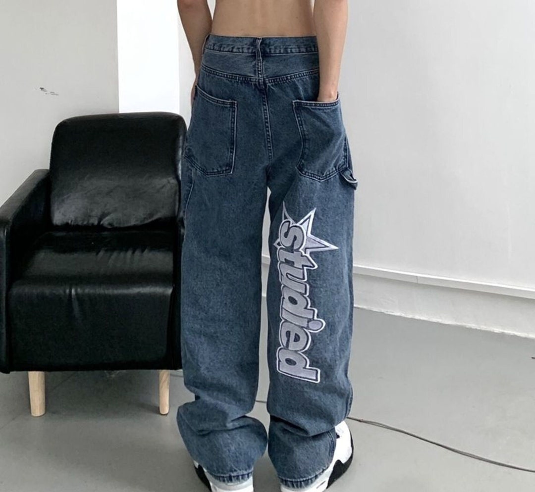 Streetwear Retro Hip-hop Letter Embroidery Jeans Loose - Etsy
