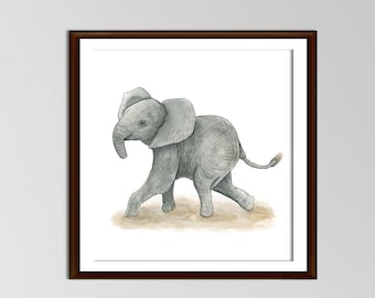 Elephant Watercolor Art Print for Nursery. Alphabet Animals for Baby Room. Cartoon Illustration, Decor, Great Gift, Wall Art, Baby Elephant.