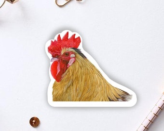 May include: A sticker featuring a watercolor illustration of a rooster with a red comb and wattle. The rooster is looking to the left and has a yellow and brown body.