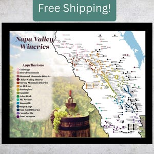 May include: A framed map of Napa Valley wineries, featuring a detailed illustration of the region with color-coded appellations. A wine glass, bottle, and grapes are in the foreground. The text "Napa Valley Wineries" is at the top.