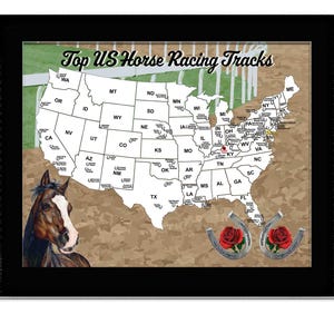 May include: Framed artwork featuring a map of the United States with state abbreviations, labeled "Top US Horse Racing Tracks." Includes a horse head, two horseshoes with roses, and a black frame.