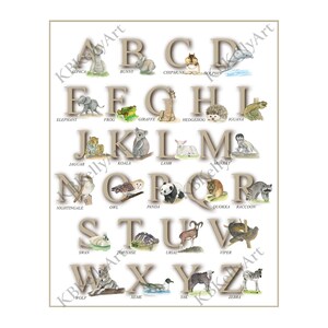 Impresión del alfabeto animal de la acuarela, decoración neutra del vivero, arte de la pared del vivero, cartel educativo, cartel del ABC, cartel de animales para niños, aula