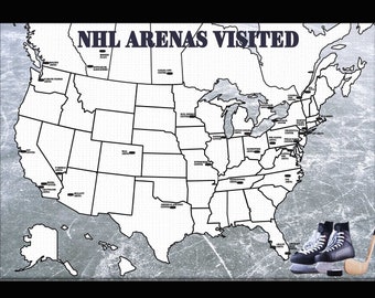 May include: A black and white map of the United States and Canada with the text "NHL ARENAS VISITED" at the top. The map shows the locations of NHL arenas. There are hockey skates and a hockey stick in the bottom right corner of the map.