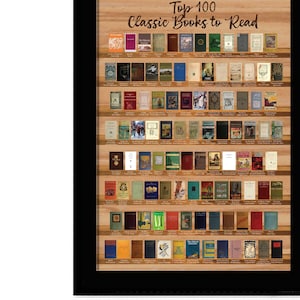 May include: A framed poster with a woodgrain background featuring a list of the "Top 100 Classic Books to Read". The poster is divided into rows of small book covers, each with a different title and author.