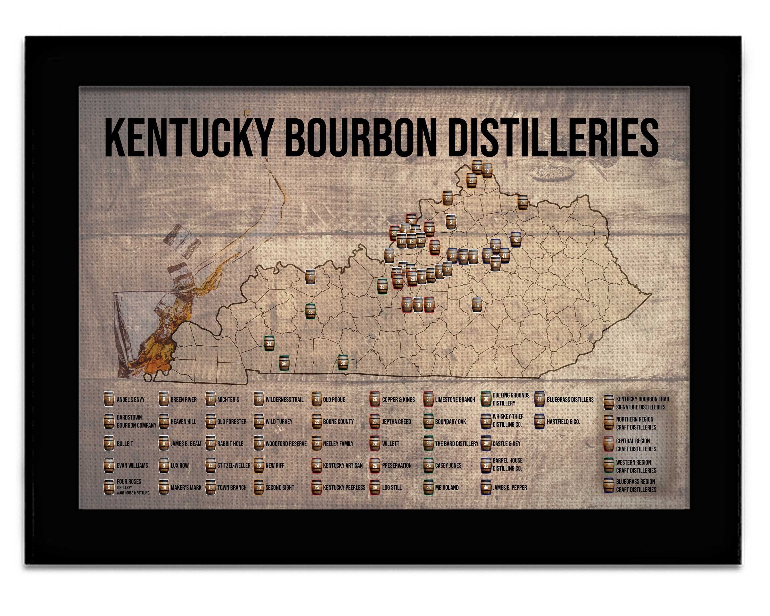 Kentucky Bourbon Distilleries Map Push Pin Map Bourbon Trail Wall Art