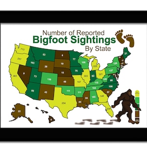 Bigfoot Sighting Map Sasquatch Art Print United States Cryptid Map Cryptozoology Poster Legends of America Map Paranormal Wall Art Gifts