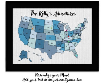 Blue Push Pin Map Personalized Travel Map USA United States Canvas Map Family Vacation Tracker Kids Map Custom Map of America Traveler Gifts