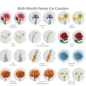 May include: A collection of car coasters featuring floral designs, each representing a birth month. The coasters display flowers like carnations, irises, daffodils, daisies, lilies, roses, larkspur, gladiolus, asters, marigolds, chrysanthemums, and narcissus.