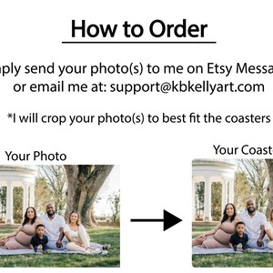 May include: Image showing instructions on how to order custom coasters. The text reads "How to Order" and provides instructions to send photos via Etsy Messages or email. The image also shows a before and after example of a family photo.