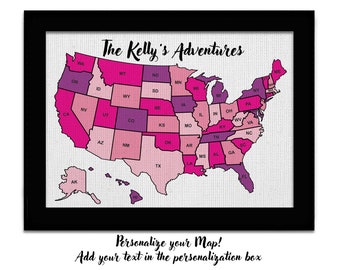 Pink Push Pin Map Personalized Travel Map USA United States Gift for Her Family Vacation Tracker Kids Map Custom Canvas Travel Map Girl Map