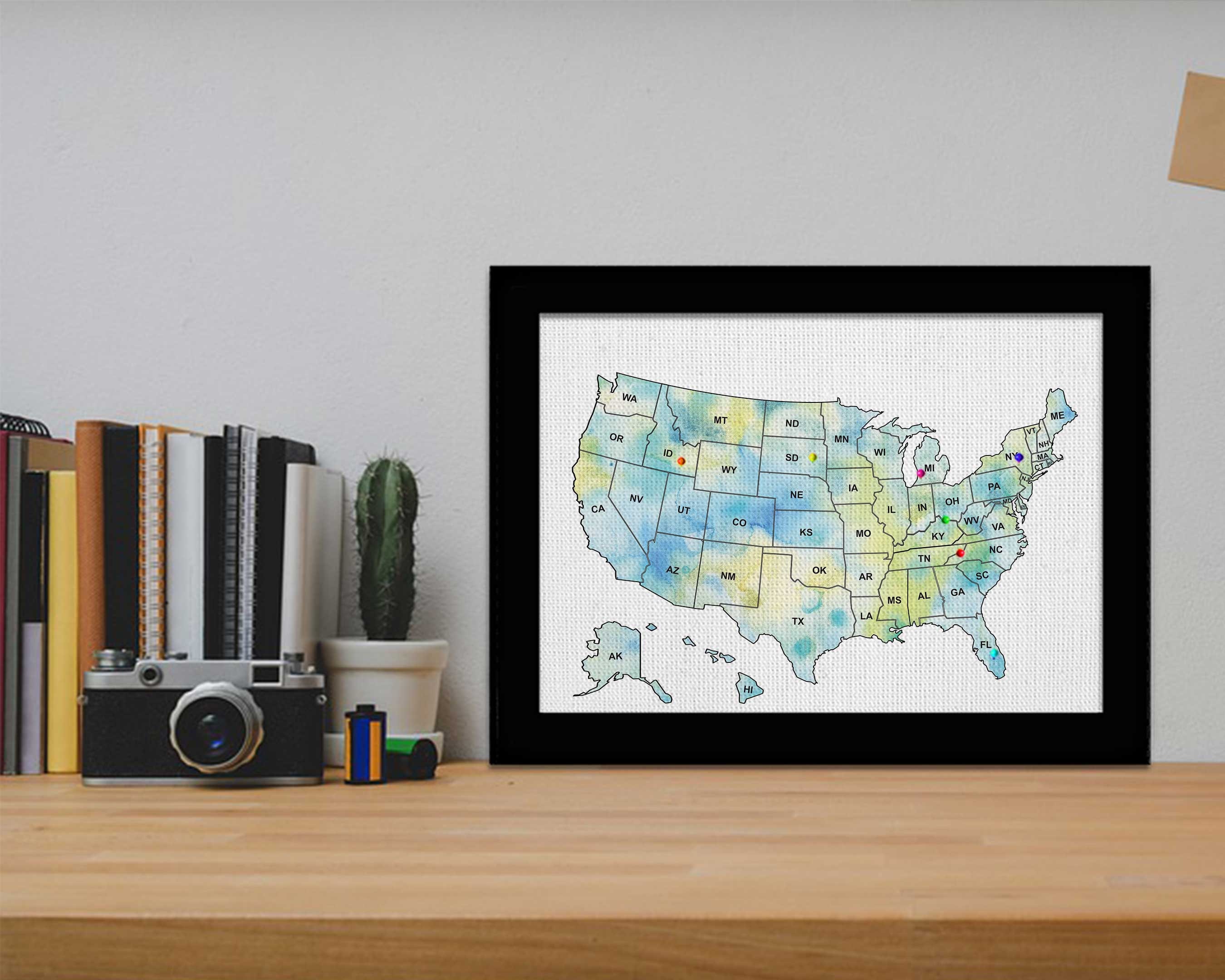 Us Map Frame Blue Watercolor US Map Personalized Map Custom Canvas Framed - Etsy