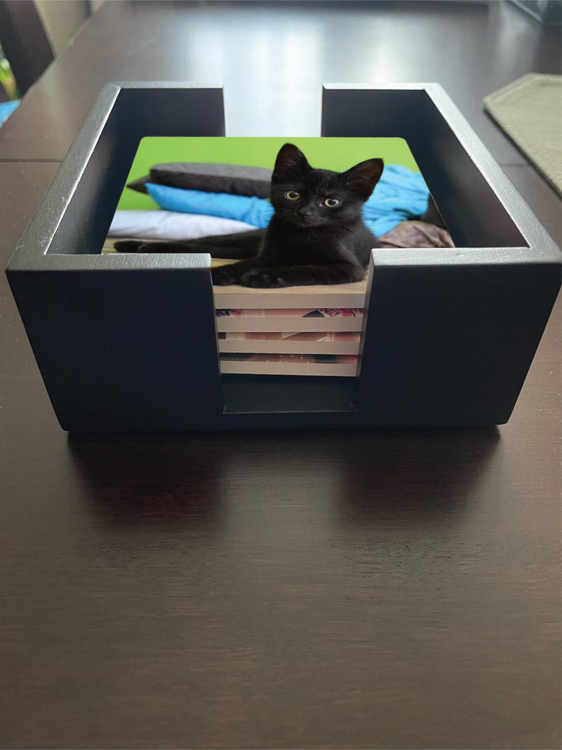 May include: A black kitten rests inside a black square coaster holder. The holder is on a dark brown wooden table. The kitten is lying on top of a stack of coasters, with a green and blue background.
