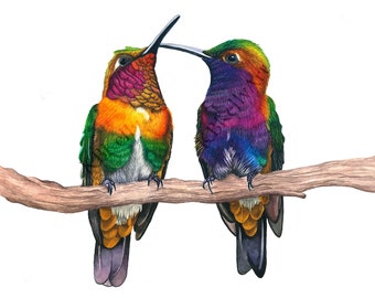 Hummingbird Watercolor Art Print Two Hummingbirds on Branch Hummingbird Painting Wall Art Decor Original Artwork Hummingbird Couple Bird Art