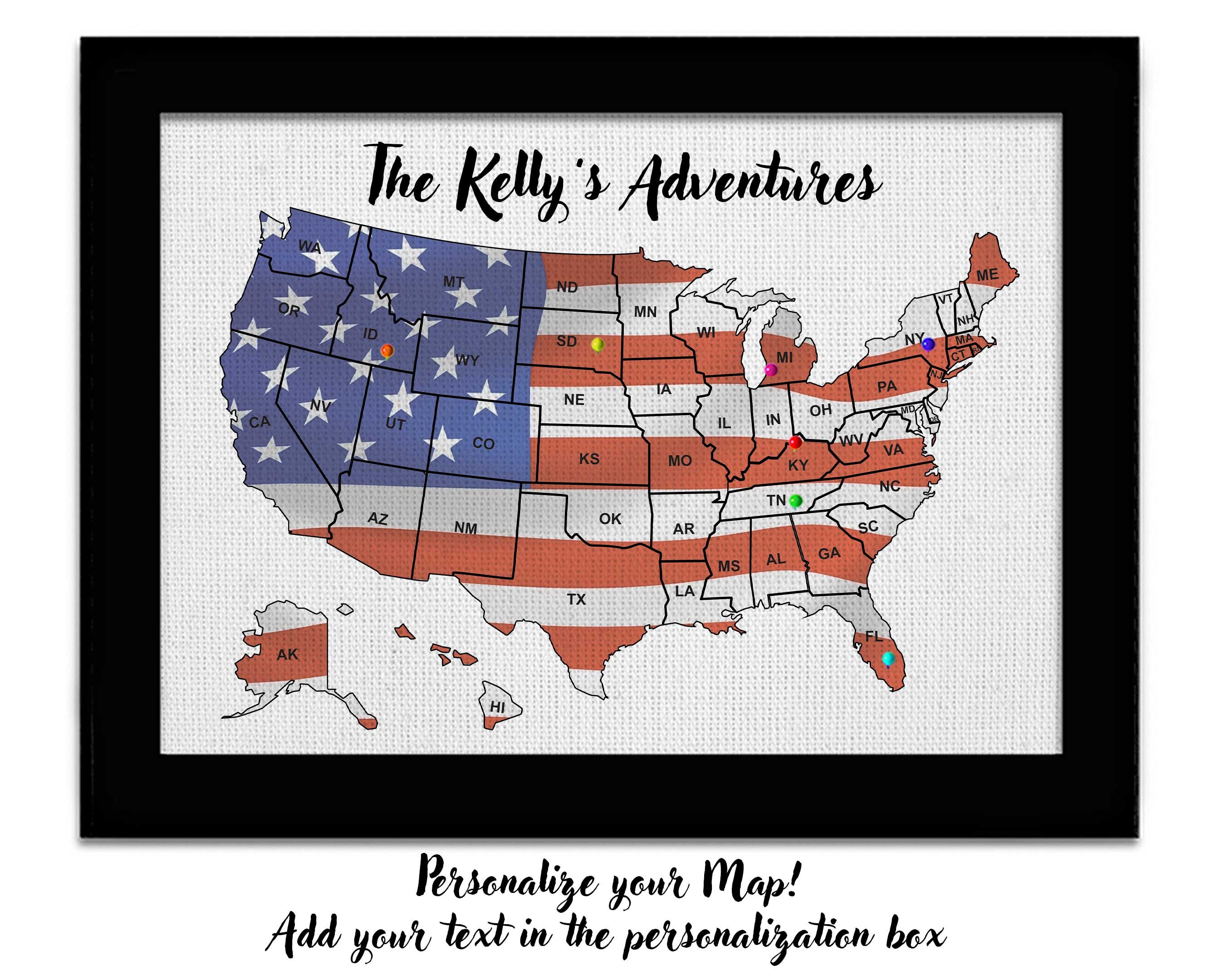 USA Flag Map US Travel Map Push Pin Map of the United States ...