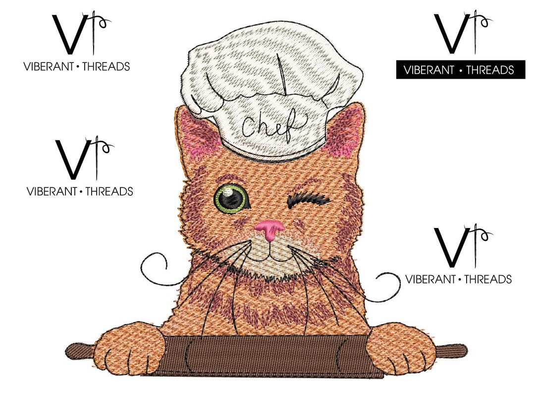 Cat Making Biscuits Embroidery Design, Baking Cat With Rolling Pin ...