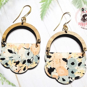 Scalloped Blossom Leather Backed Cork and Pecan Wood Dangle Earrings | Cork on Leather Earrings | Wood Earrings | Hypoallergenic Earrings