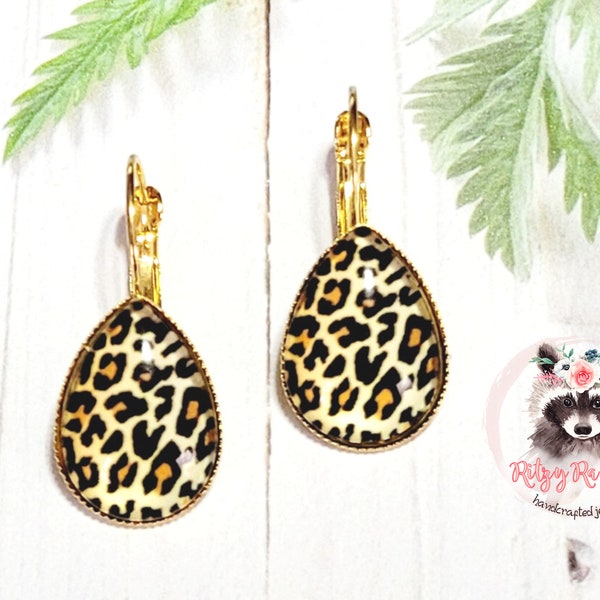 Leopard and Gold Lever Back Dangle Earrings | Leopard Print Glass Cabochon | Handmade Jewelry | Hypoallergenic Earrings