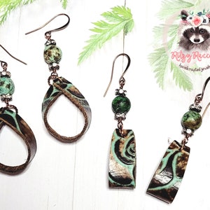 Turquoise and Bronze Embossed Leather Hoop Earrings | Genuine Leather and Bead Earrings | Handmade Jewelry | Hypoallergenic Earrings