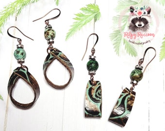 Turquoise and Bronze Embossed Leather Hoop Earrings | Genuine Leather and Bead Earrings | Handmade Jewelry | Hypoallergenic Earrings