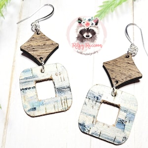 Blue Brush Strokes Leather Backed Cork and Wood Dangle Earrings | Cork and Leather Earrings | Handmade Jewelry | Hypoallergenic Earring