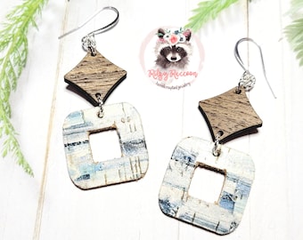Blue Brush Strokes Leather Backed Cork and Wood Dangle Earrings | Cork and Leather Earrings | Handmade Jewelry | Hypoallergenic Earring