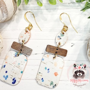 Watercolor Dots Leather Backed Cork and Walnut Wood Earrings | Cork on Leather Earrings | Handmade Earrings | Hypoallergenic Earring