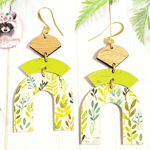 Bright Leaves Leather Backed Cork and Hickory Wood Fan Earrings | Cork on Leather Earrings | Handmade Jewelry | Hypoallergenic Earrings