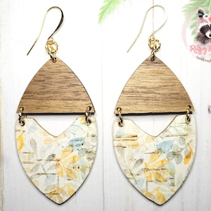 Flower and Leaf Leather Backed Cork and Walnut Wood Dangle Earrings | Cork on Leather Earrings | Handmade Jewelry | Hypoallergenic Earrings