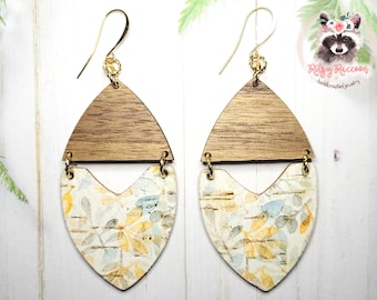 Flower and Leaf Leather Backed Cork and Walnut Wood Dangle Earrings | Cork on Leather Earrings | Handmade Jewelry | Hypoallergenic Earrings