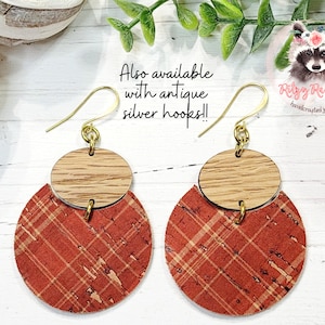 Red Barn Leather Backed Cork and Oak Dangle Earrings | Handmade Earrings | Handmade Jewelry | Lightweight Earrings | Hypoallergenic Earrings