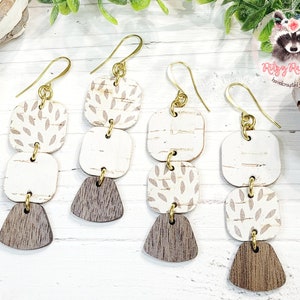 Three Dangles Leather Backed Cork and Walnut Wood Earrings | Taupe Mums Cork | White Birch Cork | Handmade Jewelry | Hypoallergenic Earring