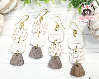Three Dangles Leather Backed Cork and Walnut Wood Earrings | Taupe Mums Cork | White Birch Cork | Handmade Jewelry | Hypoallergenic Earring