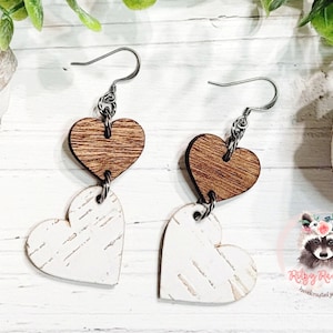 Two Hearts Leather Backed Cork and Wood Dangle Earrings | White Birch Cork and Leather Earrings | Handmade Jewelry | Hypoallergenic Earring