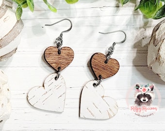 Two Hearts Leather Backed Cork and Wood Dangle Earrings | White Birch Cork and Leather Earrings | Handmade Jewelry | Hypoallergenic Earring