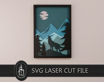 3D Layered Wolf and Mountains Landscape SVG for Glowforge & xTool – Handcrafted 7 Layer Laser Cut File
