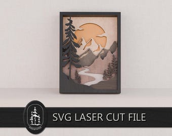 Mountain River Sunset Landscape 3D Layered SVG DXF - 7 Layer Laser Cut File - Glowforge, xTool & LightBurn - Instant Download
