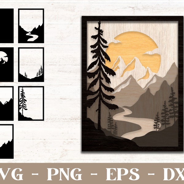 Layered Mountain Scene SVG Cut File for Laser Cutting and Cricut, cnc project, glowforge file