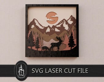 Mountain Deer Forest 3D Layered SVG DXF - 8 Layer Laser Cut File - Glowforge, xTool & LightBurn - Instant Download