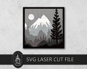 3D-lagers bergslandskap SVG för Glowforge & xTool – Handgjord 8-lagers laserskuren fil