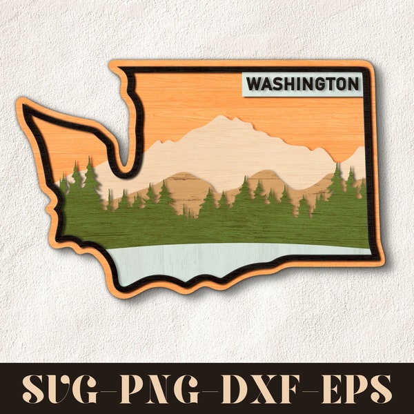 Washington State laser cut file, Washington Map Glowforge, Washington State CNC laser cut file, multilayer laser cut file, Layered Landscape