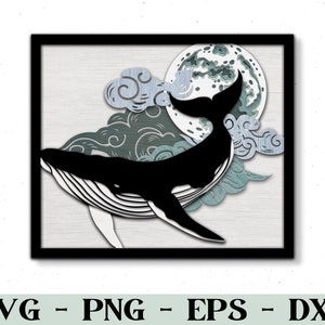 Pode incluir: Obra de arte emoldurada com um design de baleia em preto e branco, com uma lua e nuvens. A baleia está em um fundo cinza claro. A moldura é preta. A parte inferior da imagem contém o texto "SVG - PNG - EPS - DXF".