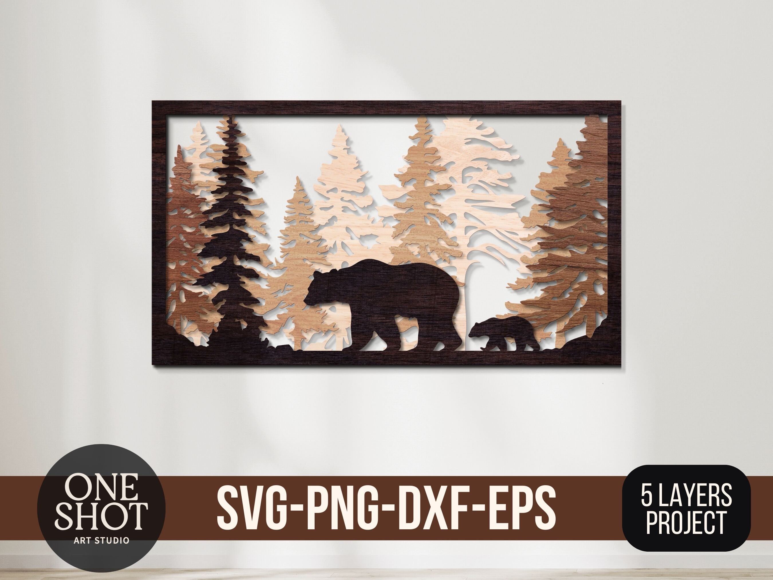 Forest Sign Dxf File Bear Forest Landscape 3D Layered SVG DXF - 5 Layer Laser Cut File ...