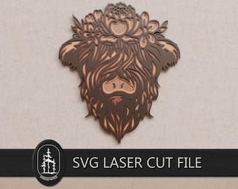 SVG 3D a strati del muso di mucca delle Highlands per Glowforge e xTool – File di taglio laser a 4 strati realizzato a mano