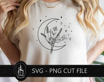 Floral Moon SVG PNG - Wildflower Cricut & Silhouette Cut File - Vinyl T-Shirt Mug Tote Bag DIY - Instant Download