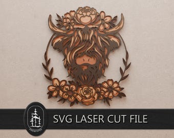 SVG 3D a strati di mucca delle Highlands per Glowforge e xTool – File di taglio laser a 4 strati realizzato a mano